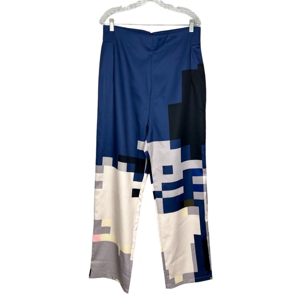 Koandaily Womens Pixel Print Pants High Waisted Blue Gray Colorblock size 12